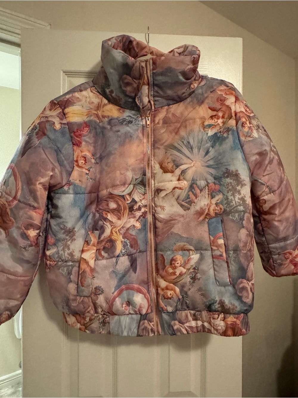 FOREVER 21 Cherubic Print Puffer Jacket in Pastel Blue and Pink